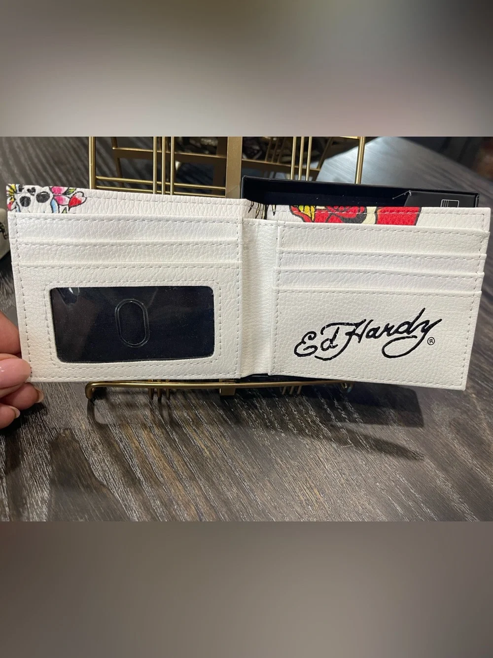 Ed Hardy White Bifold Wallet with Colorful Skull & Floral Tattoo Art